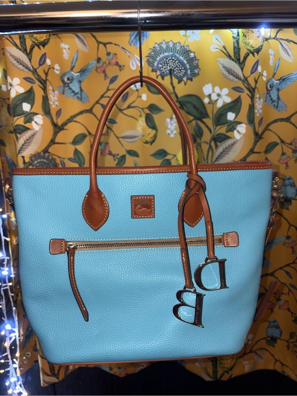 Dooney & Bourke Pebble Leather Tote Bag in Sky Blue with Brown Trim